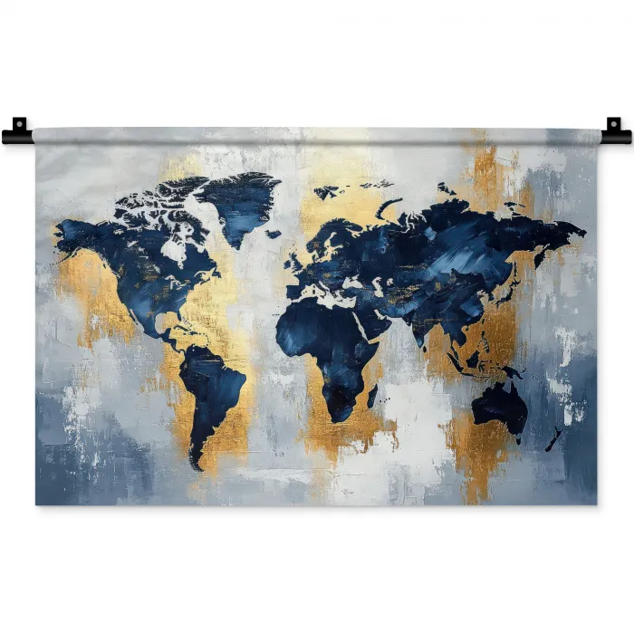 Wereldkaart - Blauw - Abstract Wandkleed katoen klein -zz3d