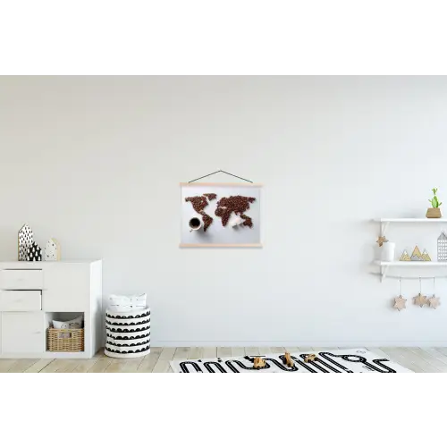 Wereldkaart - Koffiebonen - Suikerklontjes textielposter latten blank klein -kinderkamer