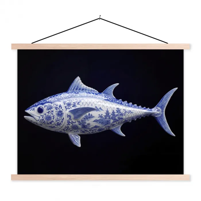 Porselein - Tonijn - Delfts - Blauw textielposter latten blank klein -3d