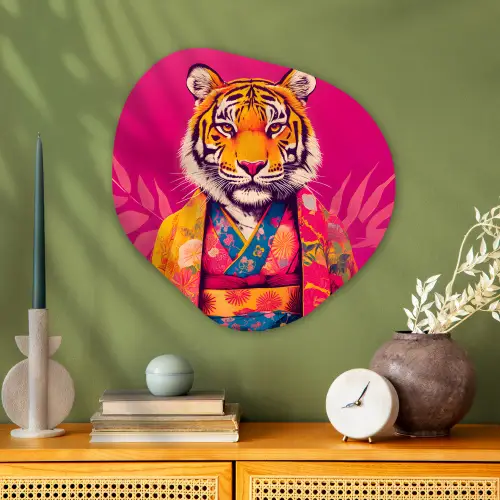 Tijger - Kimono - Planten - Roze Wandcirkel Organisch Plexiglas middel -sfeer2