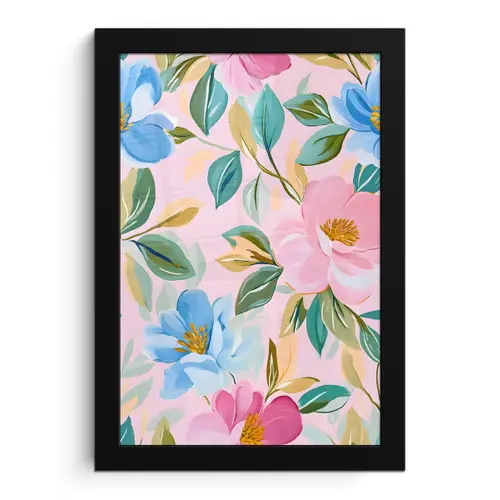 Blauw - Roze - Bloemen fotolijst zwart zonder passe partout klein -3d