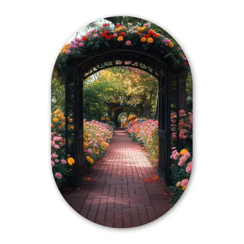 Doorkijk - Bloemen - Pad - Natuur - Kleurrijk Wandcirkel Ovaal Glas middel -3d