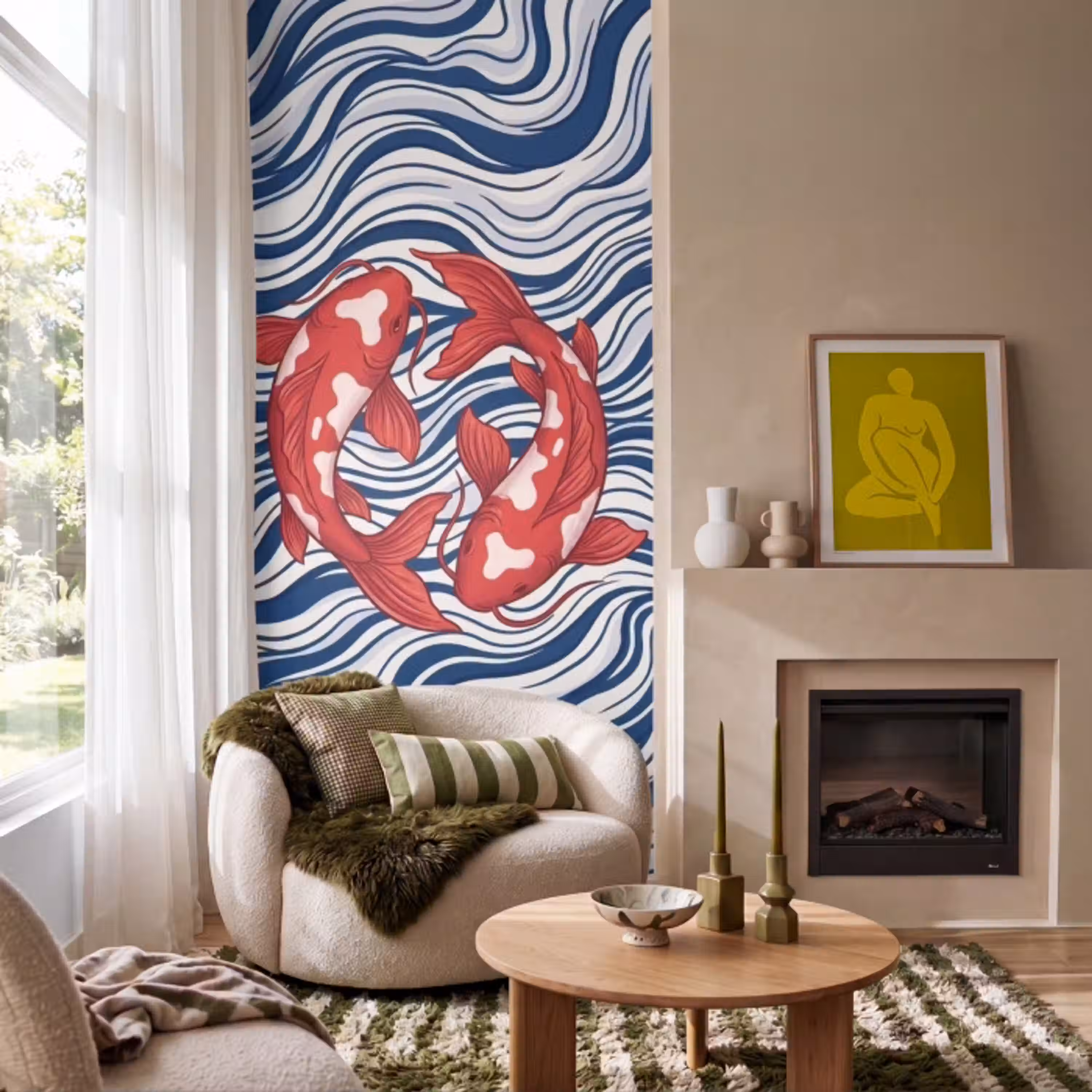 Vis - Water - Natuur - Illustratie - Rood Behang Vlies klein -sfeer2