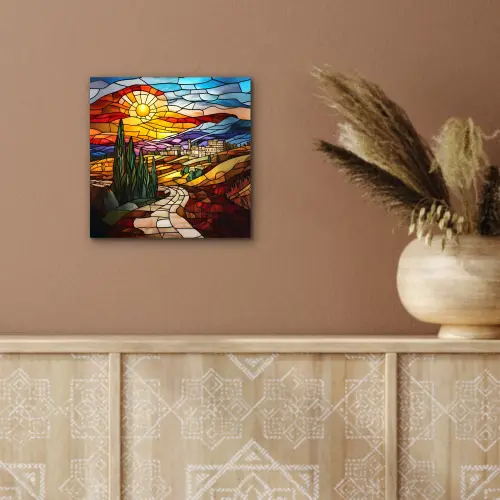 Mozaïek - Zon - Landschap - Dorp aluminium wit klein -sfeer4
