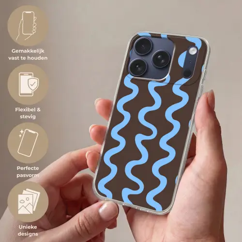 Kronkelende lijnen - Blauw - Bruin - Minimalistisch Telefoonhoesje iPhone 17 Pro klein 878 -sfeer3_NL