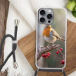 Roodborst - Tak - Bessen - Natuur Hoesje iPhone 16 Pro Max met koord klein -sfeer4