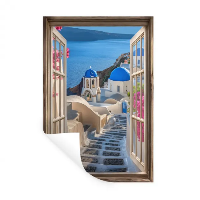 Doorkijk - Santorini - Landschap - Blauw - Grieks Muursticker klein -3d