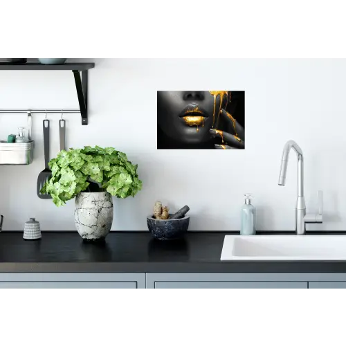 Vrouw - Zwart - Goud - Gezicht - Lippen Muursticker klein -keuken