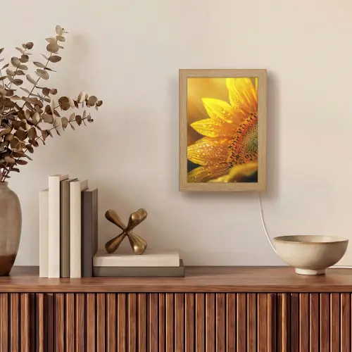 Zonnebloem - Dauwdruppels - Geel - Zonlicht Light Box met kabel (Tafellamp) klein -sfeer2