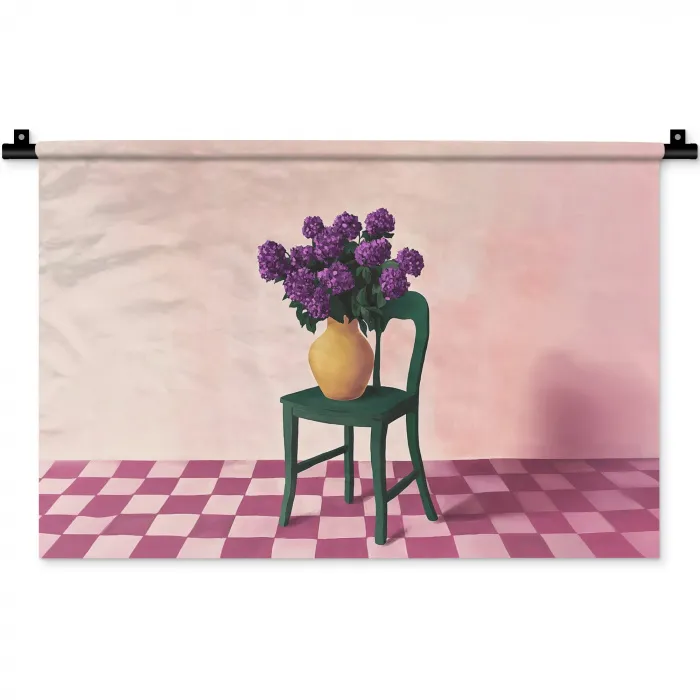 Stoel - Vaas - Bloemen - Geblokt Wandkleed katoen klein -zz3d