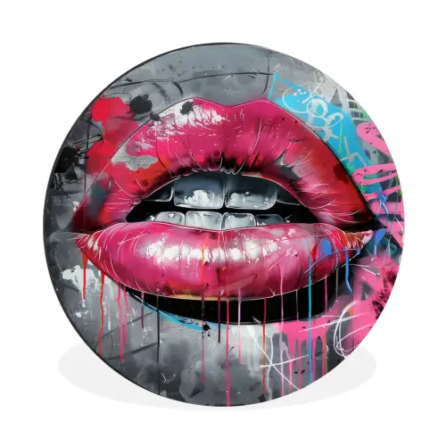 Lippen - Felroze - Graffiti - Verfstrepen Wandcirkel aluminium klein -3d