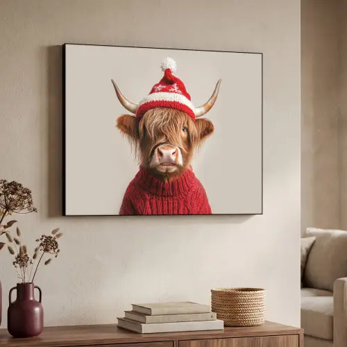 Schotse Hooglander - Kerst - Muts - Trui - Winter Textielframe zwart klein -sfeer3