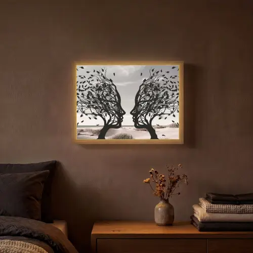 Bomen - Gezicht - Bladeren - Moderne kunst Light Box met batterij (Wandlamp) middel -sfeer4
