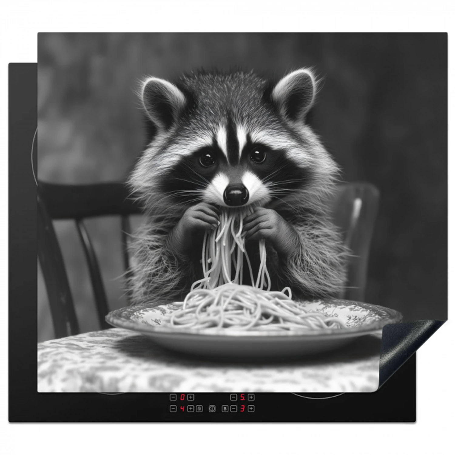 Wasbeer - Cute - Pasta - Tafelkleed - Zwart - Wit Inductie beschermer vinyl 3mm middel -3d