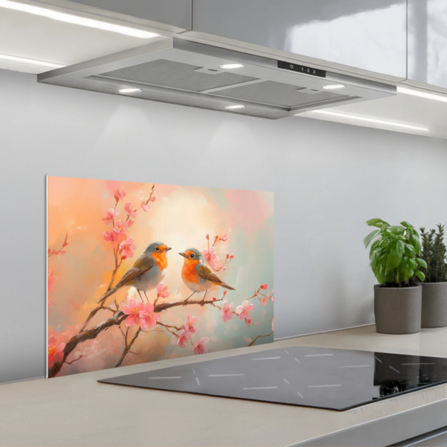 Roodborstjes - Sierlijk - Bloesemtak keuken achterwand spatscherm klein -3d_schuin