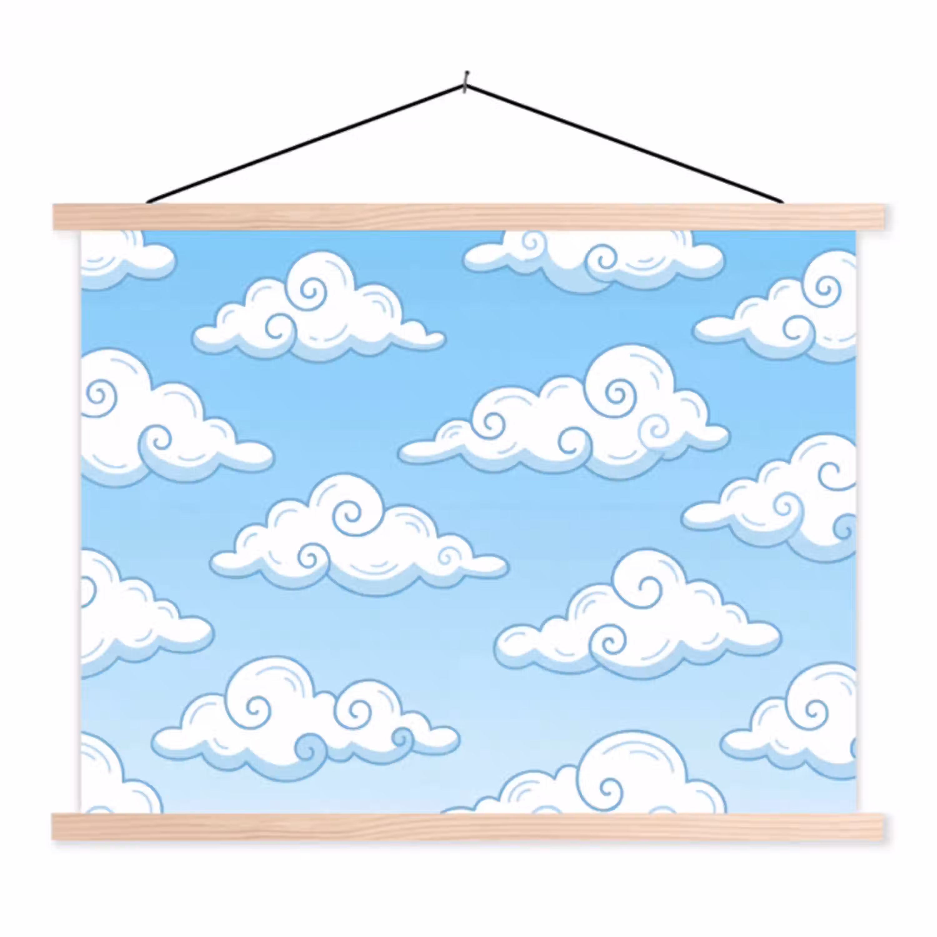 Wolk - Lucht - Cartoon - Blauw - Wit textielposter latten blank klein -3d