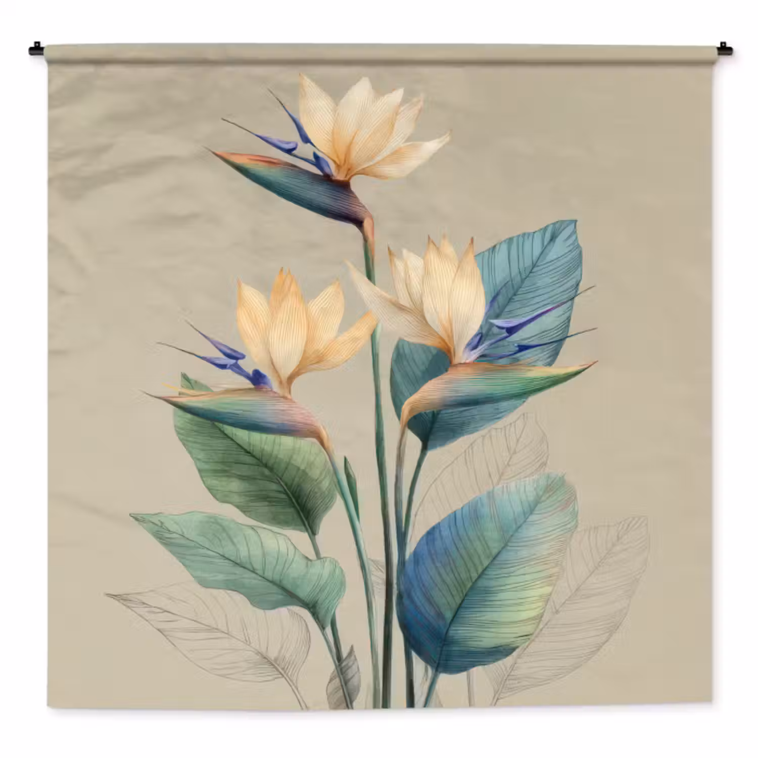Wandkleed - Paradijsvogelbloemen - Blauwgroene bladeren - Beige