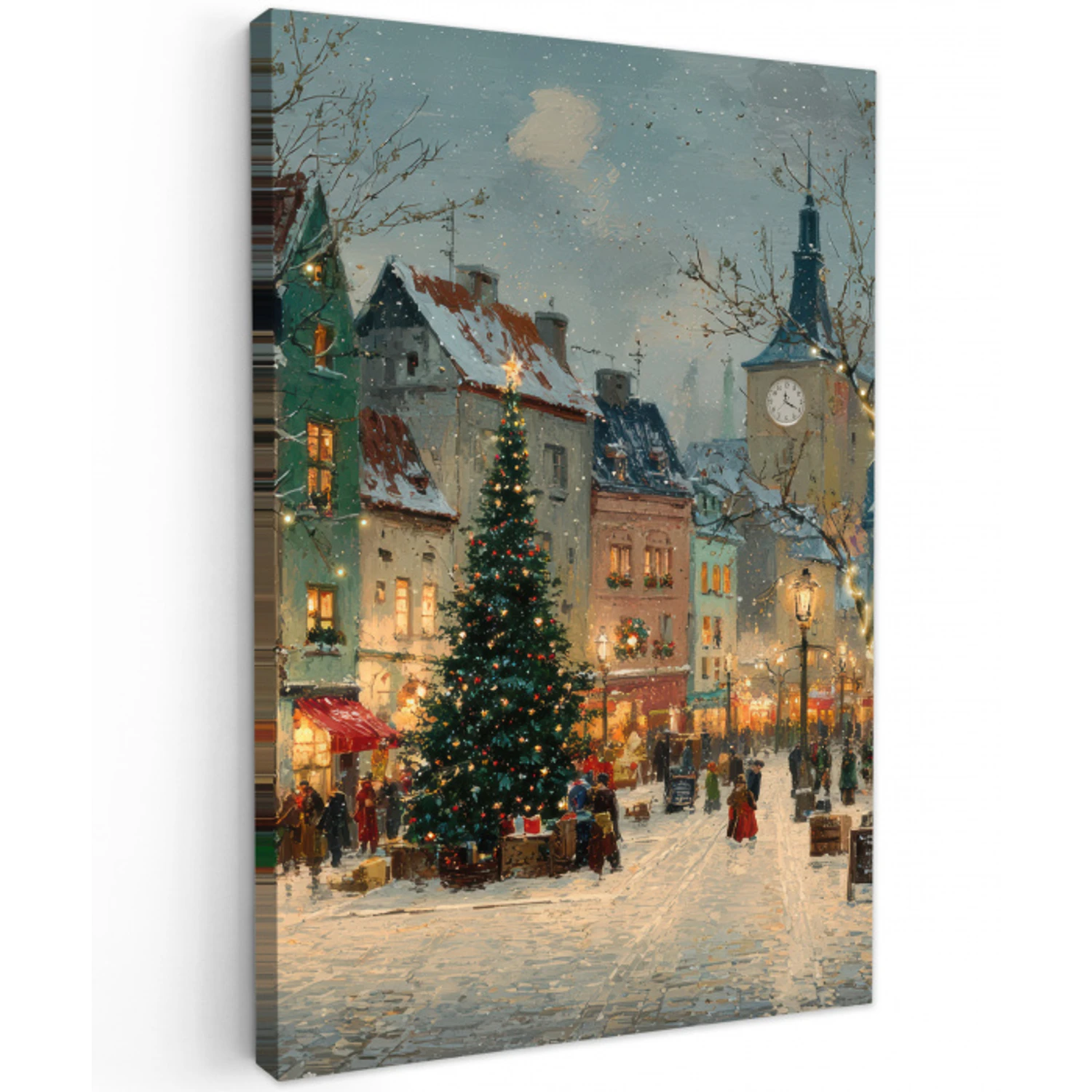 Kerstsfeer - Stadsplein - Kleurrijk Tuinposter op houten frame 2 cm dik klein -3d