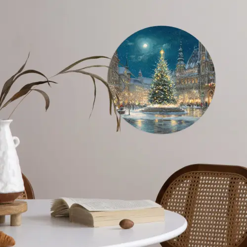Kerstnacht - Stadsplein - Meerkleurig Wandcirkel behangsticker klein -sfeer3