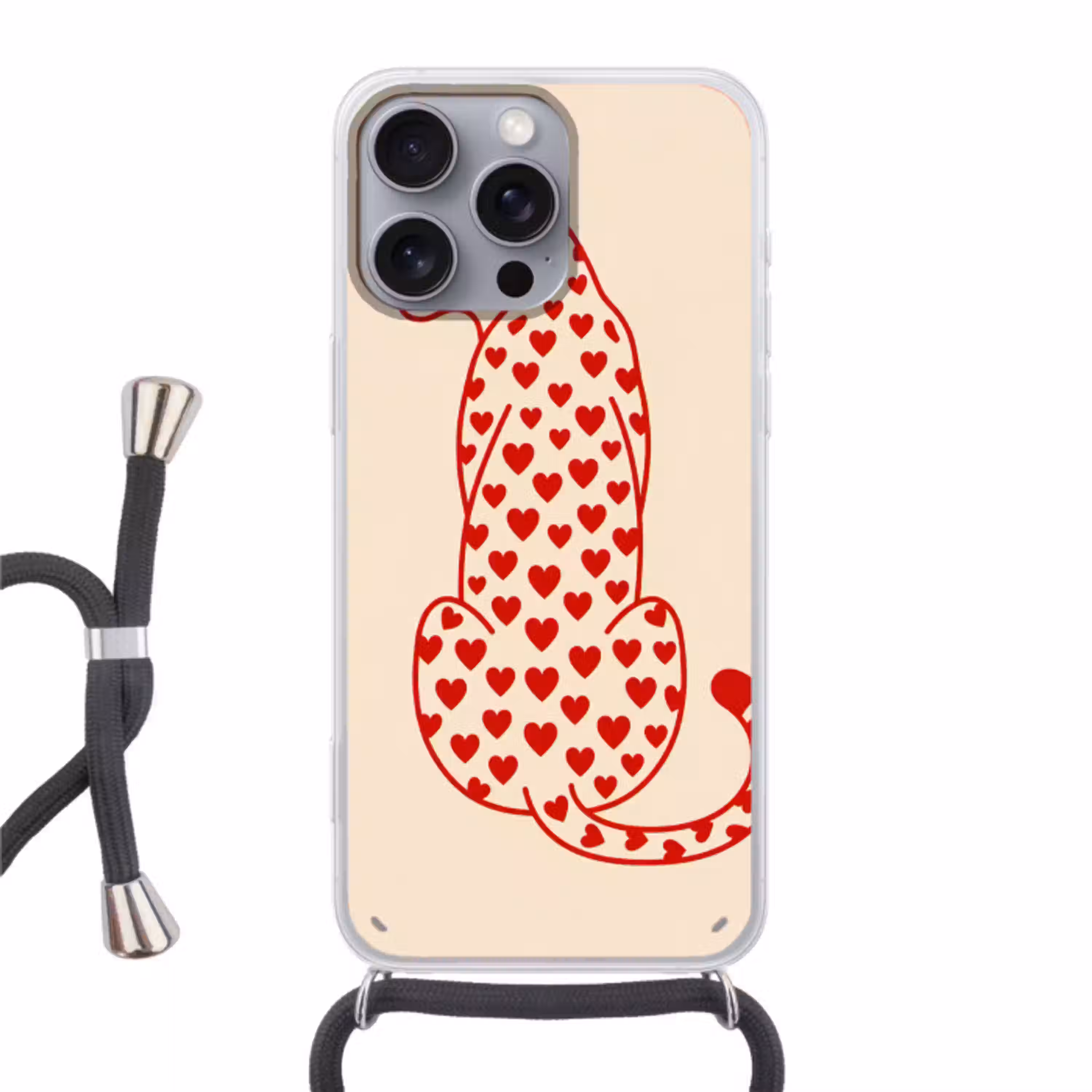 Kat - Harten - Dieren - Modern - Rood Hoesje iPhone 16 Pro Max met koord klein -3d