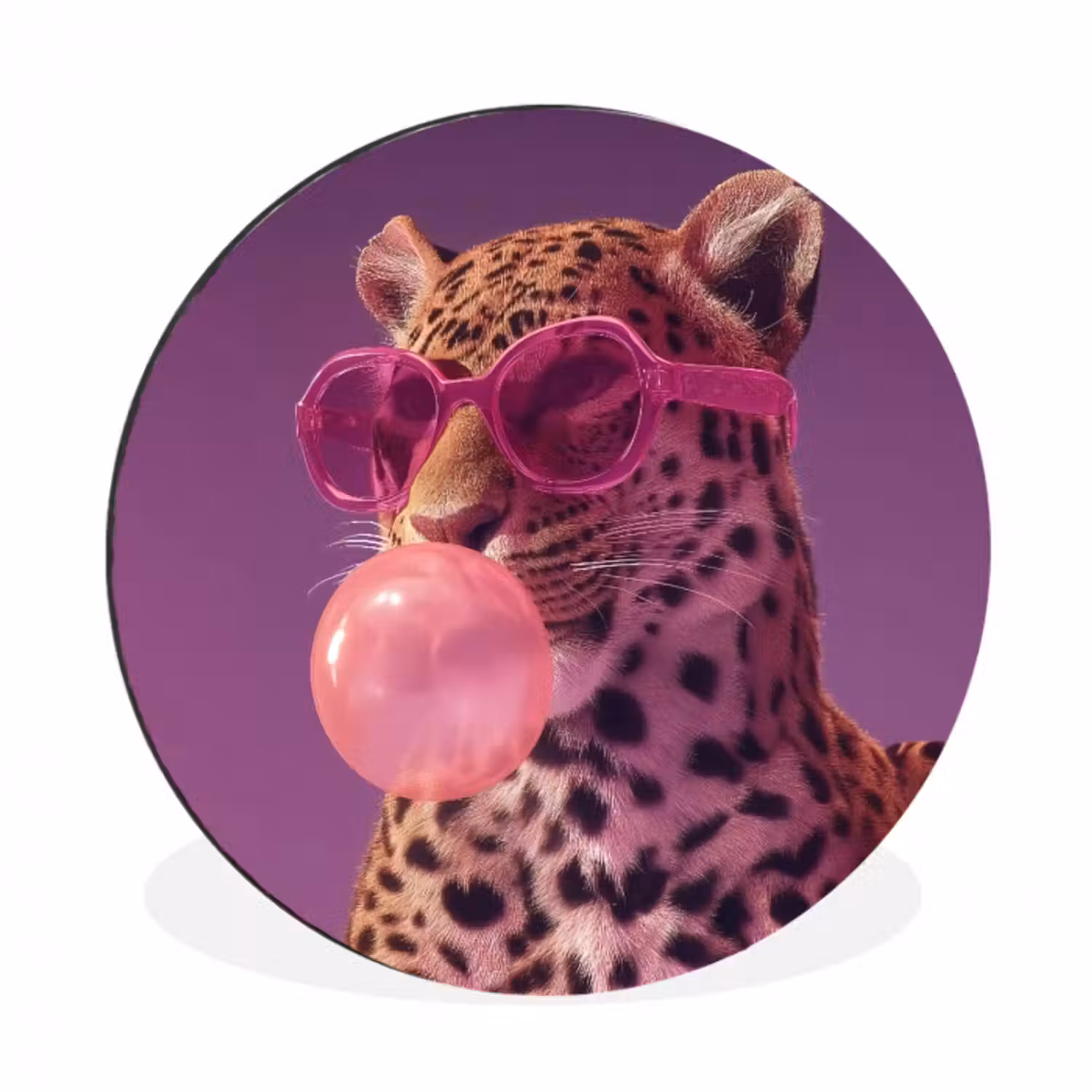 Alu-Dibond-Bild Rund - Panther - Sonnenbrille - Kaugummiblase - Rosa