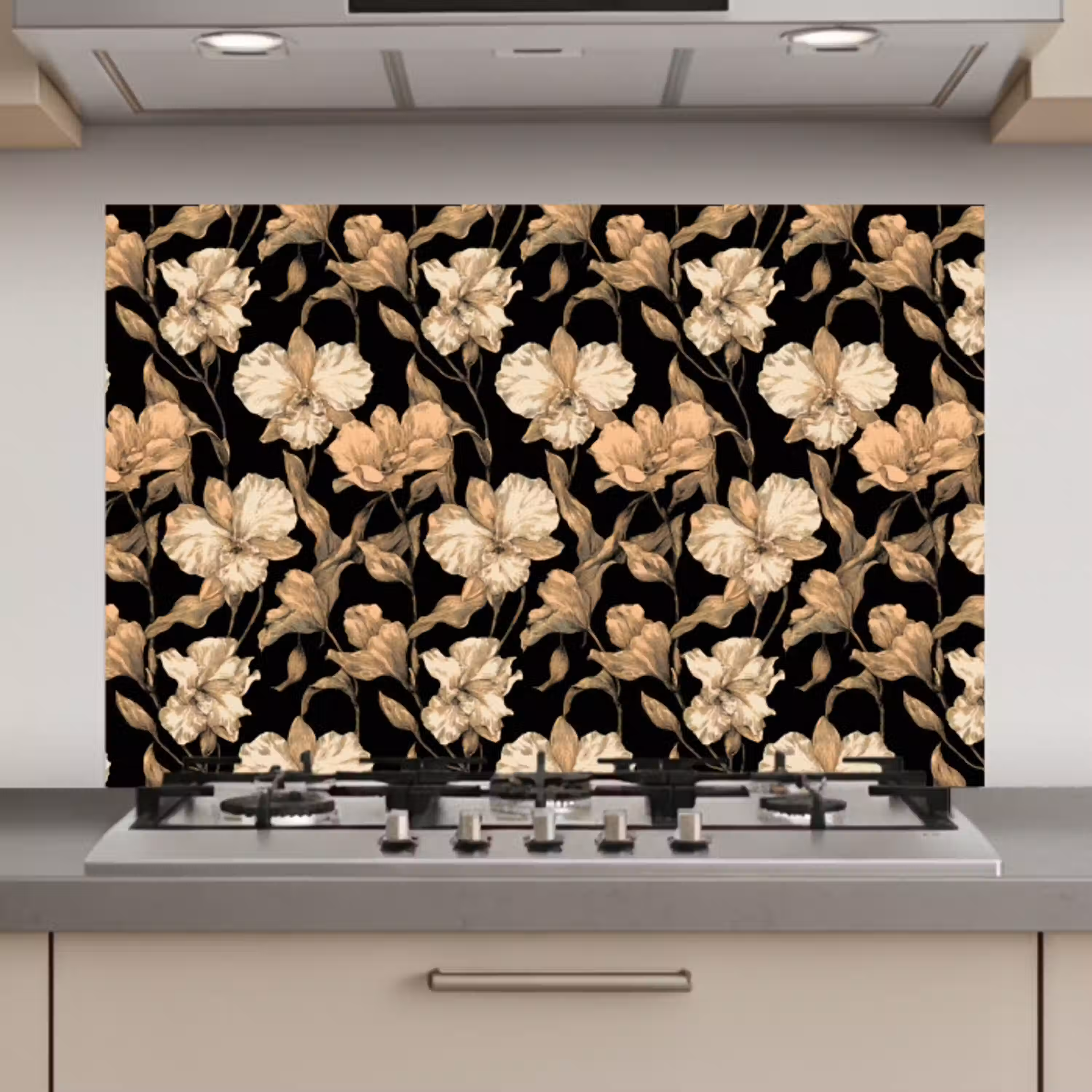 Orchideeën - Lijntekening - Patroon - Beige - Zwart keuken achterwand spatscherm klein 900 -3d_website