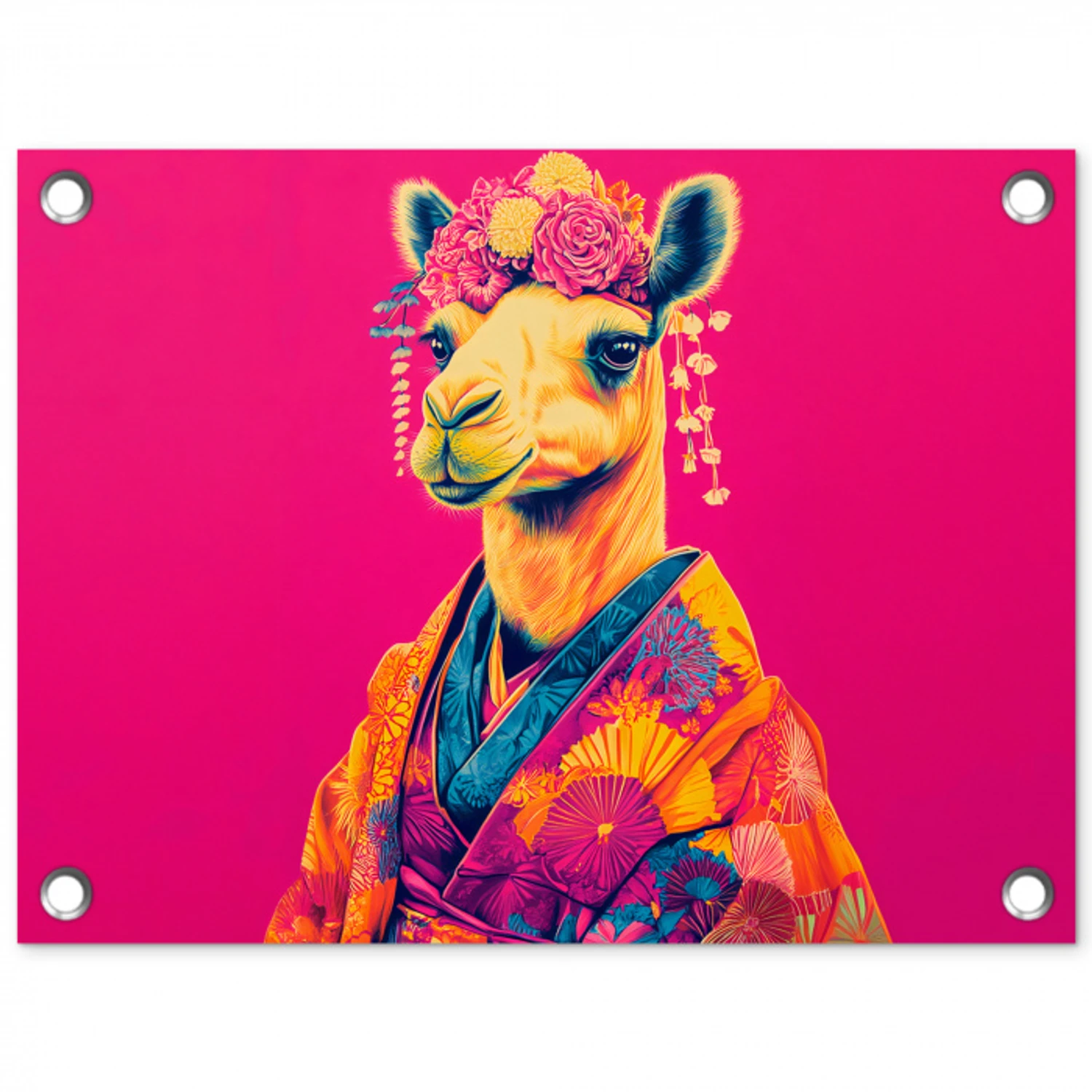 Kameel - Bloemen - Kimono - Waaiers tuinposter los doek klein -3d