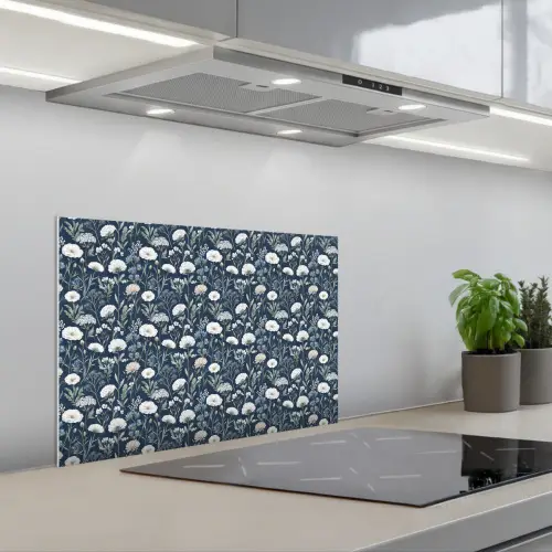 Patroon - Bloemen - Wit - Blauw keuken achterwand spatscherm klein 900 -3d_schuin