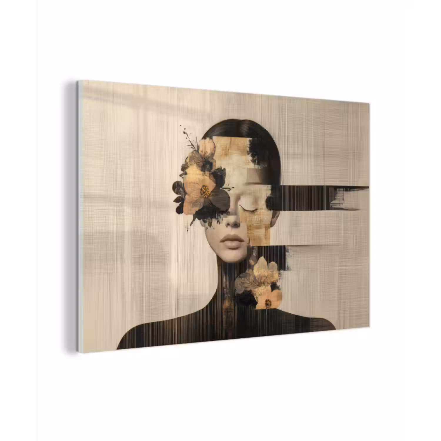 Glas schilderij - Gezicht - Bloemen - Zwart - Vrouw