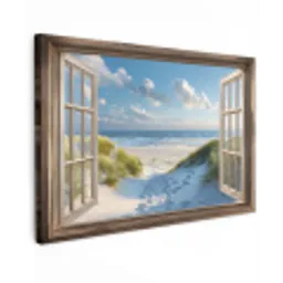 Doorkijk - Strand - Raam - Duinen - Zee Tuinposter op houten frame 2 cm dik klein -3d