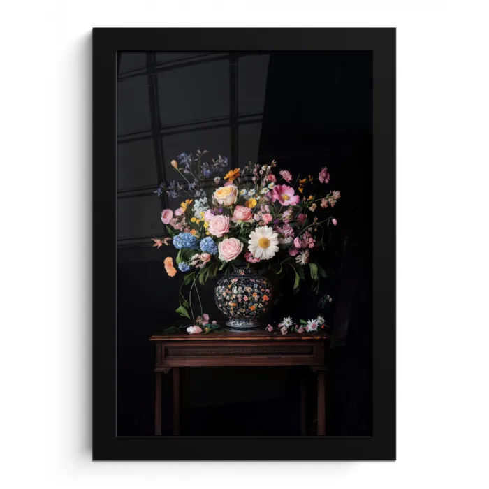 Bloemenvaas - Hout - Bloemen - Boeket fotolijst zwart zonder passe partout klein -3d