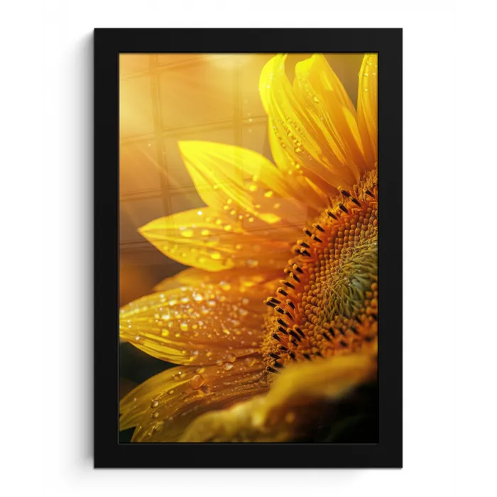 Zonnebloem - Dauwdruppels - Geel - Zonlicht fotolijst zwart zonder passe partout klein -3d