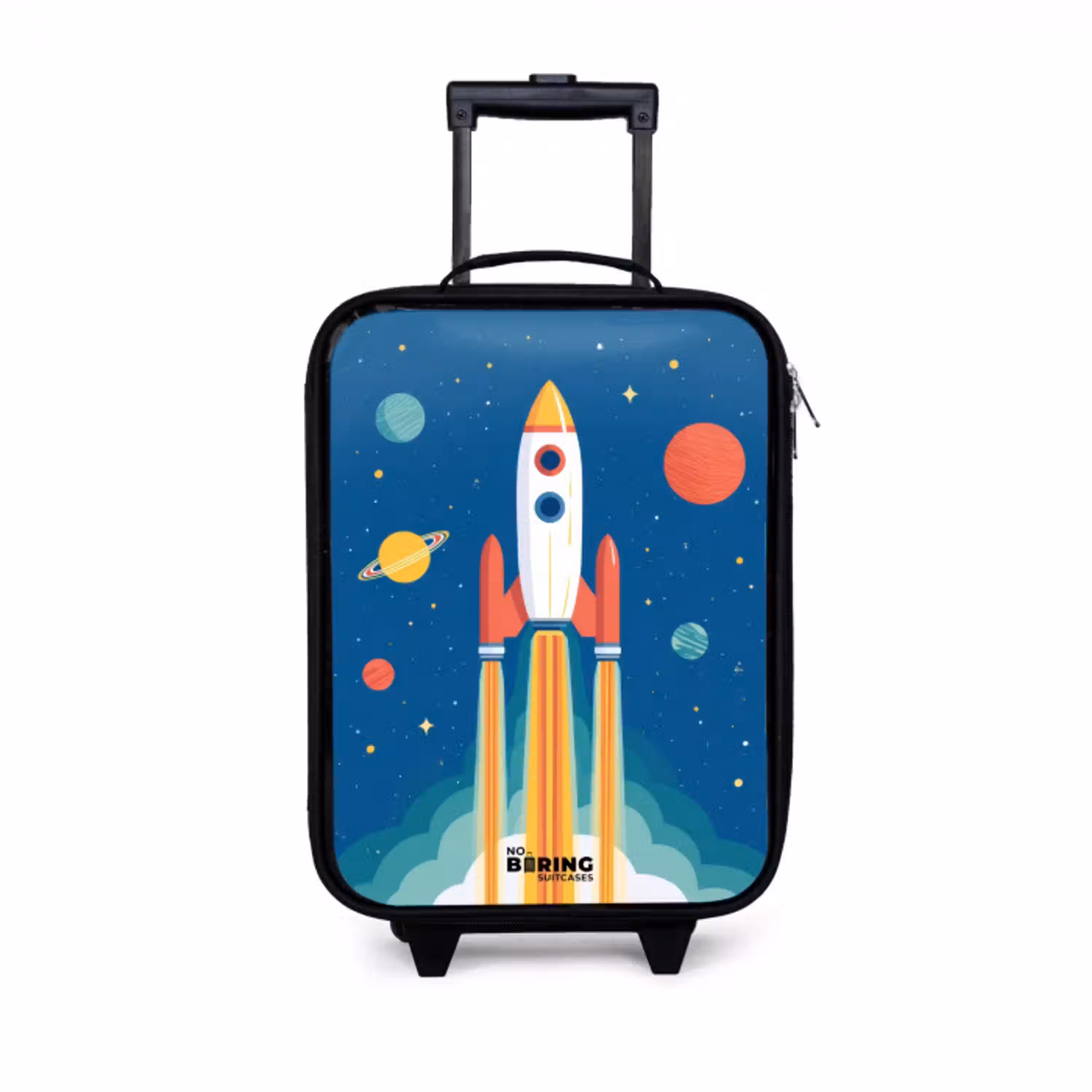 Raket - Planeet - Sterren - Veelkleurig Kinderkoffer - Zwart klein -3d