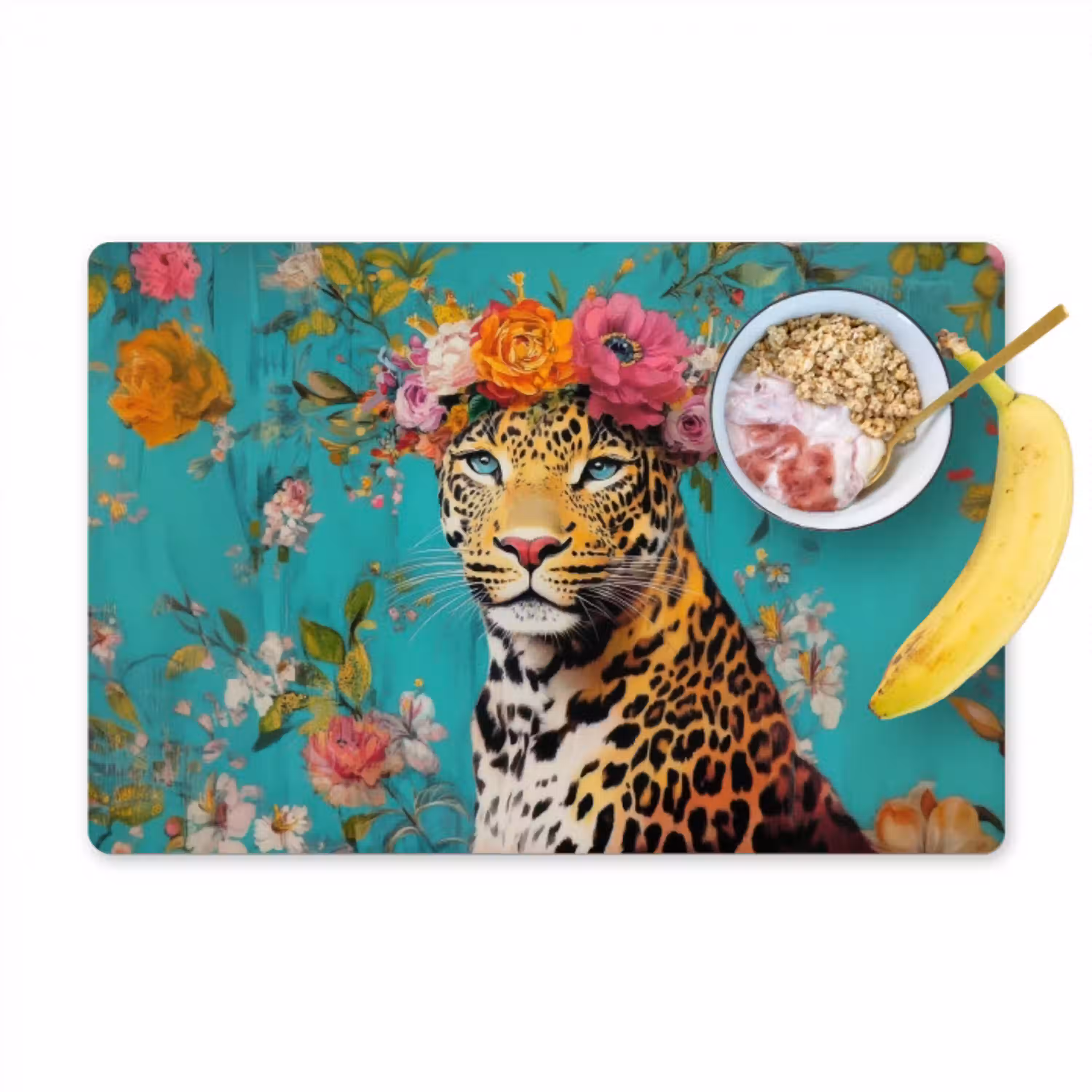 Luipaard - Bloemen - Kroon Placemat vinyl groot -zzzproduct_Kitchenyeah-website