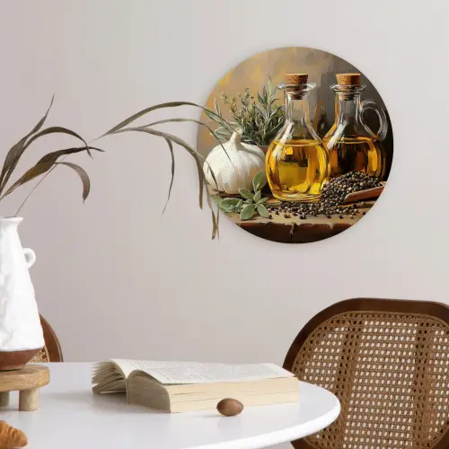 Stilleven - Olijfolie - Knoflook - Kruiden Wandcirkel kunststof plaat 5mm dik klein -sfeer4