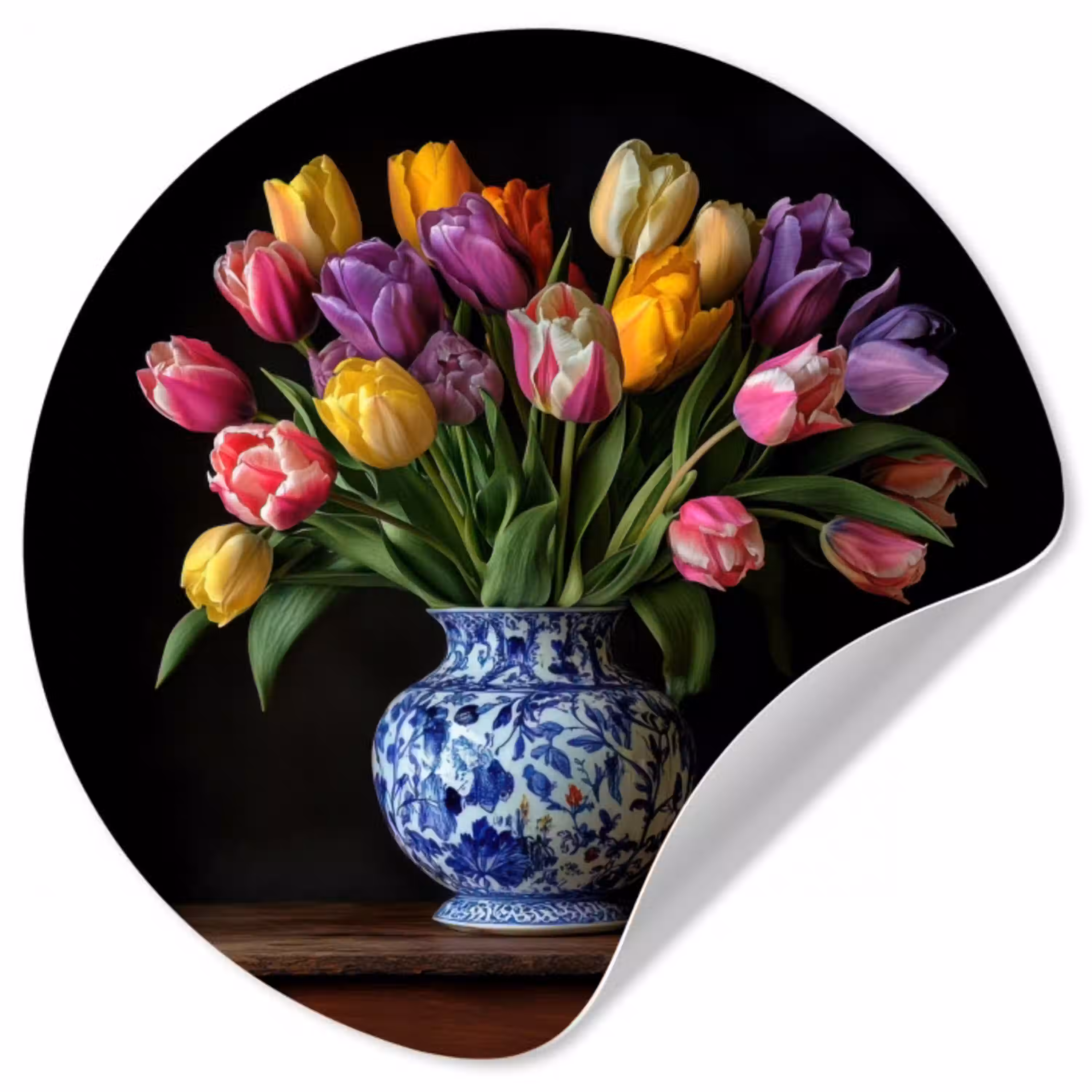 Tulpen - Kleuren - Hout - Vaas Wandcirkel behangsticker klein -3d