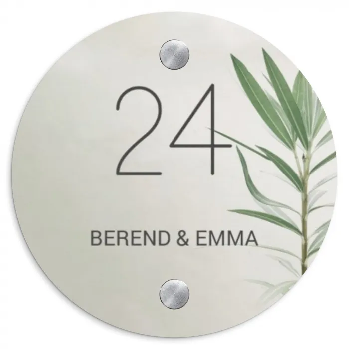 Lichtbeige met plant - Klassiek Naambord Rond klein -3d