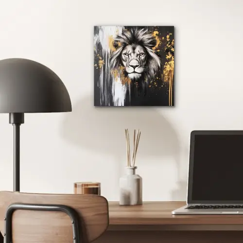 Leeuw - Portret - Verfspatten - Grijs aluminium wit klein -sfeer5