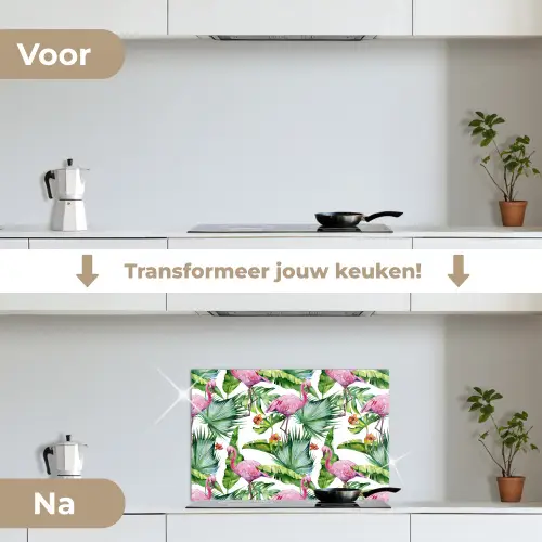 Bladeren - Flamingo - Bloemen - Jungle keuken achterwand spatscherm klein -voor_na_NL