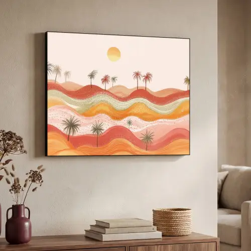 Abstract landschap - Palmbomen - Kleurrijk Textielframe zwart klein -sfeer3