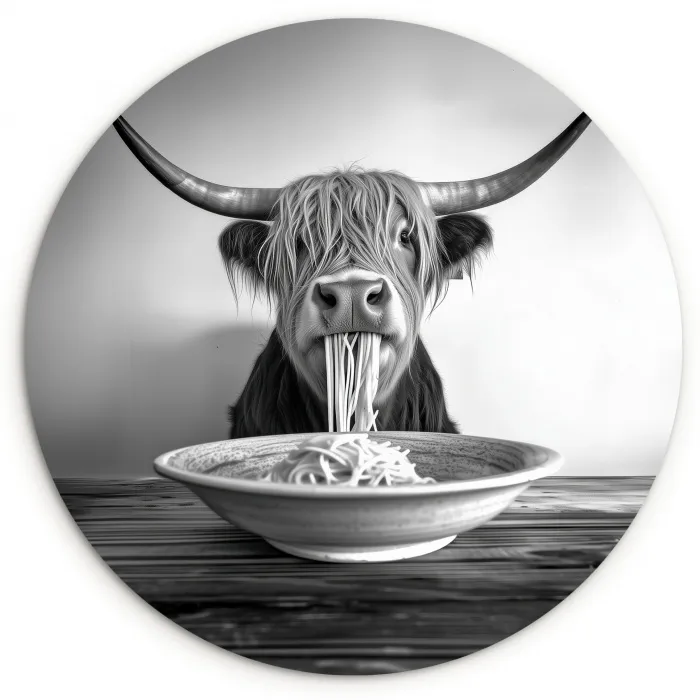 Schotse Hooglander - Spaghetti - Dieren - Zwart wit Wandcirkel plexiglas klein -3d