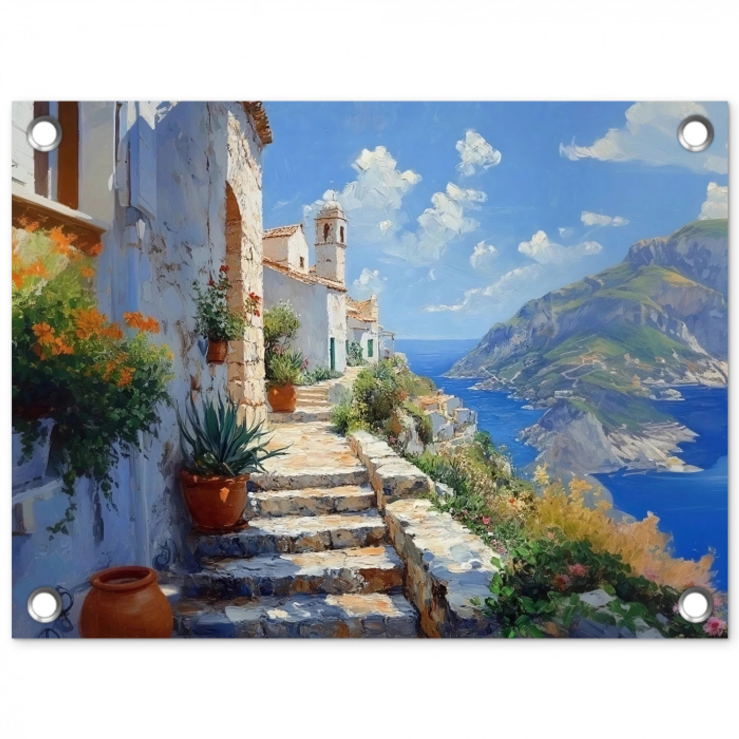 Trap - Huizen - Berglandschap - Zee tuinposter los doek klein -3d