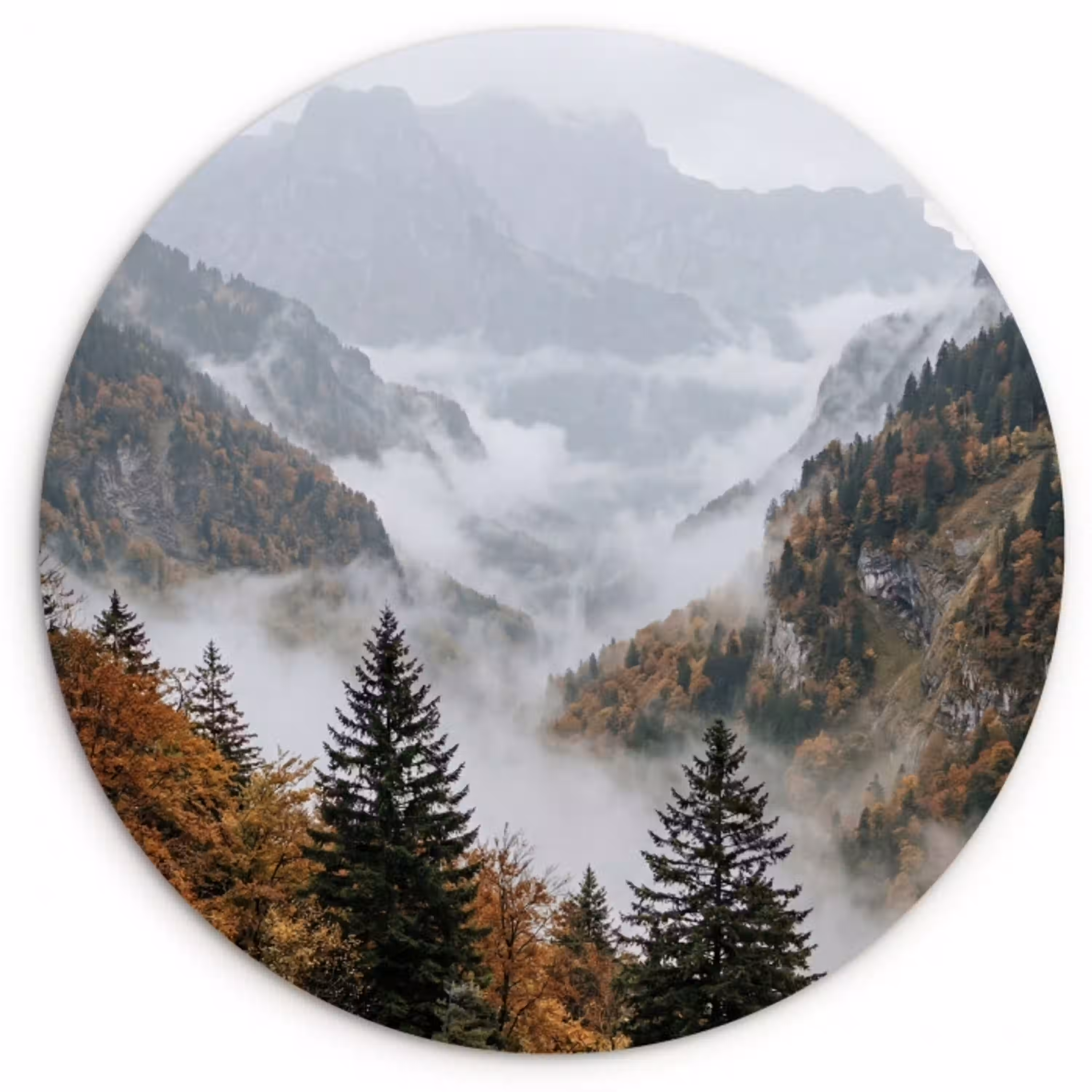 Bergen - Vallei - Mist - Herfst - Natuur Wandcirkel kunststof plaat 5mm dik klein -3d
