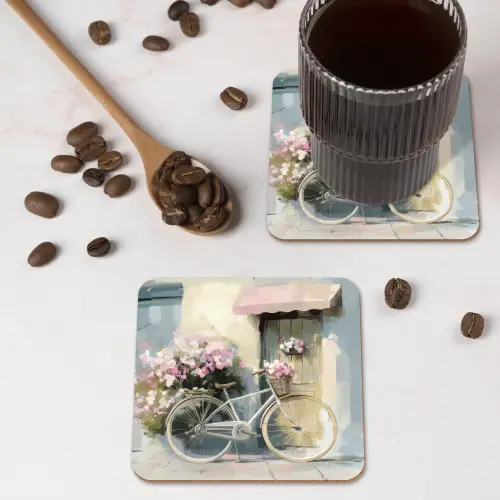 Fiets - Pastelkleuren - Bloemen onderzetter kurk middel -sfeer2