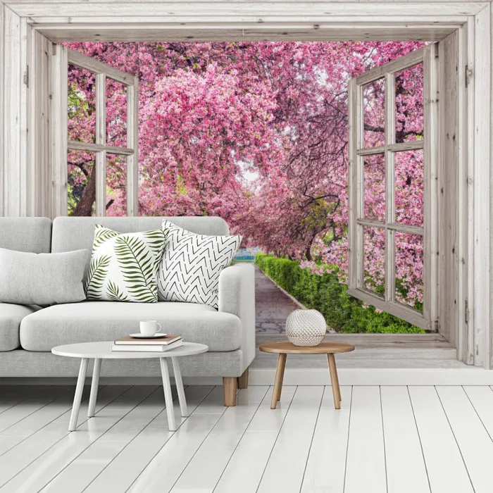 Japans - Sakura - Bloesem - Boom - Bloesem takken - Doorkijk fotobehang vinyl groot -woonkamer