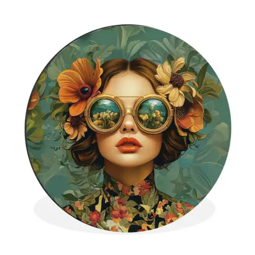 Vrouw - Bloemen - Vlinders - Natuur - Vintage Wandcirkel aluminium klein -3d