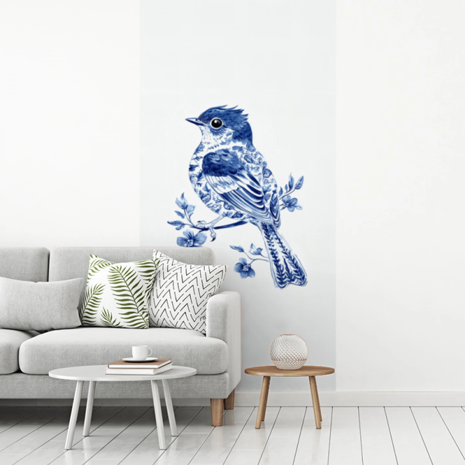Vogel - Delfts blauw - Illustratie - Bloemen fotobehang vinyl groot -woonkamer