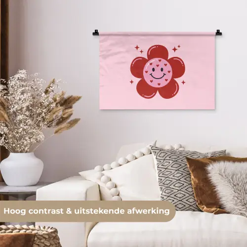Bloem - Roze - Hartjes Wandkleed katoen klein -sfeer1