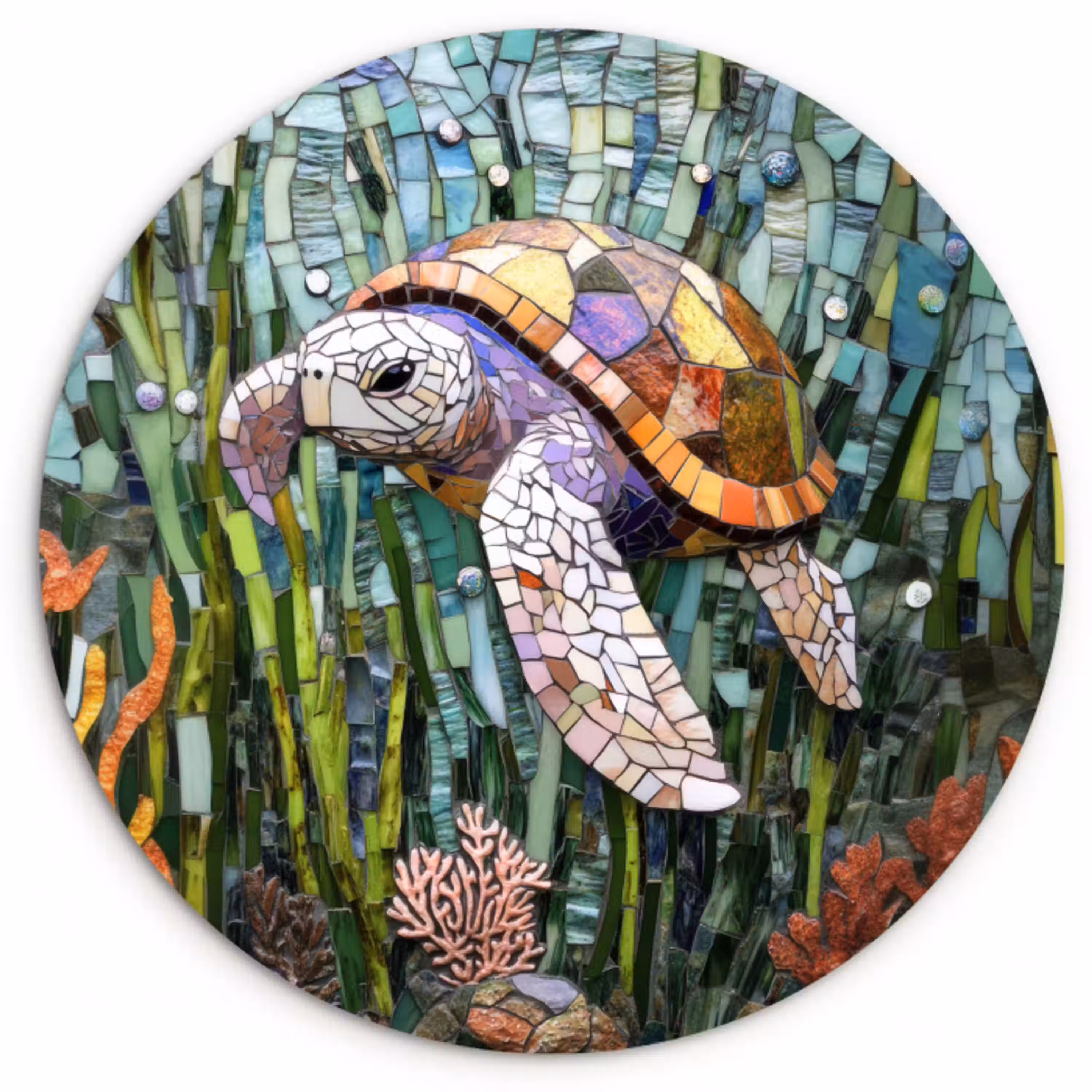 Schildpad - Zeewier - Mozaïek Wandcirkel kunststof plaat 5mm dik klein -3d