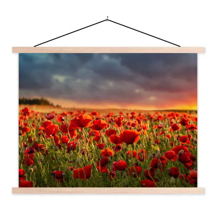 Zonsondergang - Klaprozen - Rood - Bloemen - Veld - Natuur textielposter latten blank klein -3d